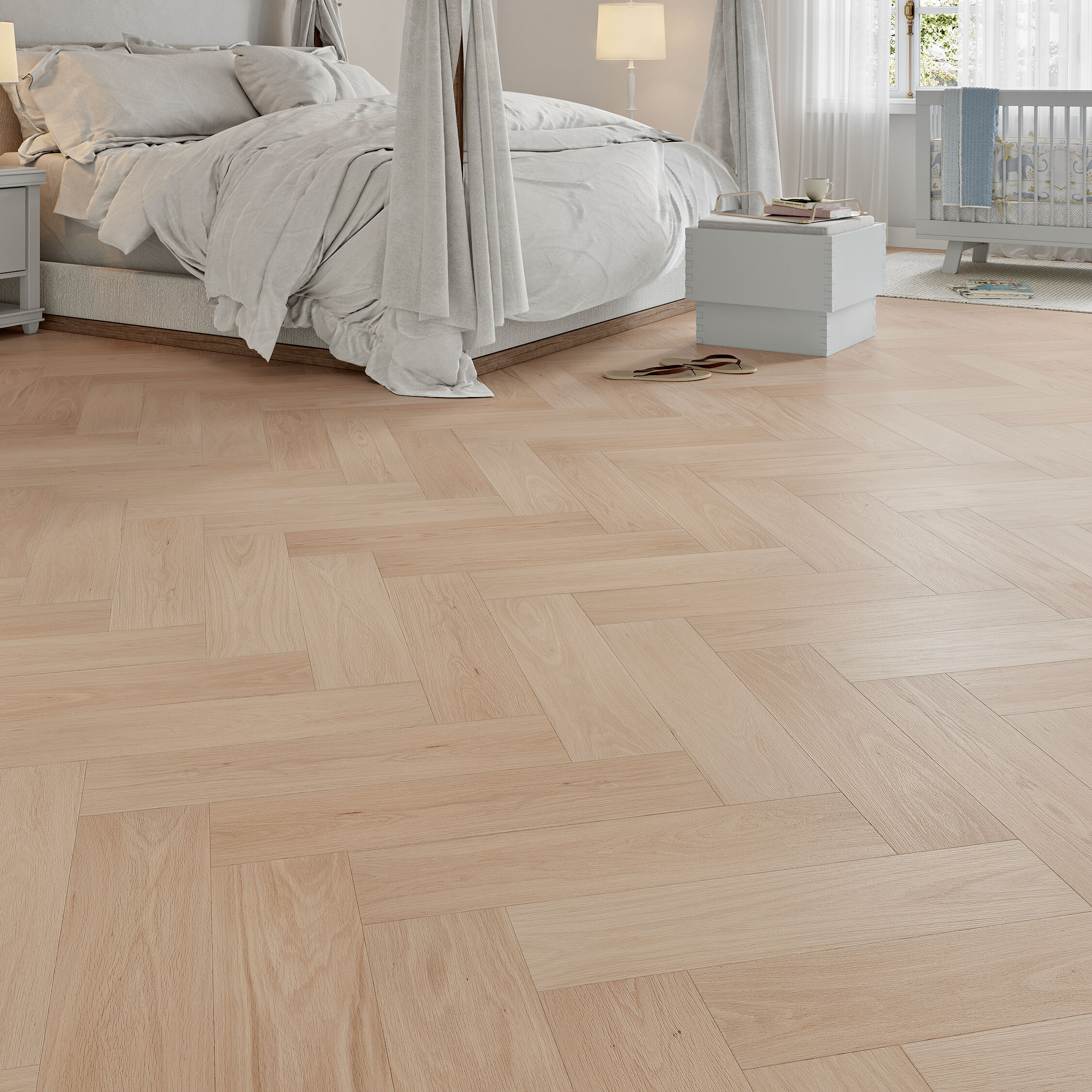 Luxury Flooring Herringbone Light Engineered Oak Smooth & Unfinished Flooring - 14mm x 600mm x 150mm