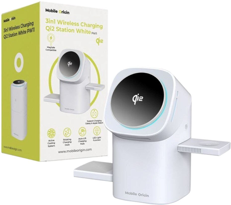 Mobile Origin Qi2 3-i-1 Multifunktionel Trådløs Oplader - Hvid
