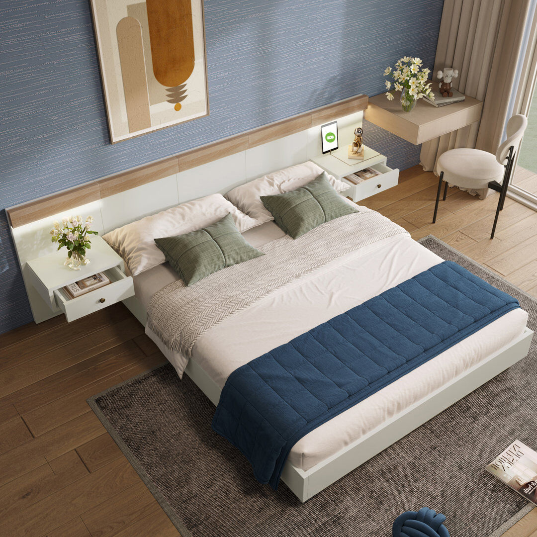 Brayden Studio Bed Set With 2 Led Nightstands & Usb Port White European Double (140 x 200 cm)