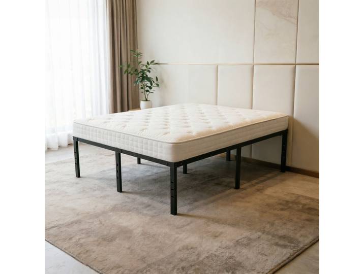 Cadre de lit surélevé robuste noir, cadre de lit double pliable, cadre de lit compact silencieux 189x135x45.72cm