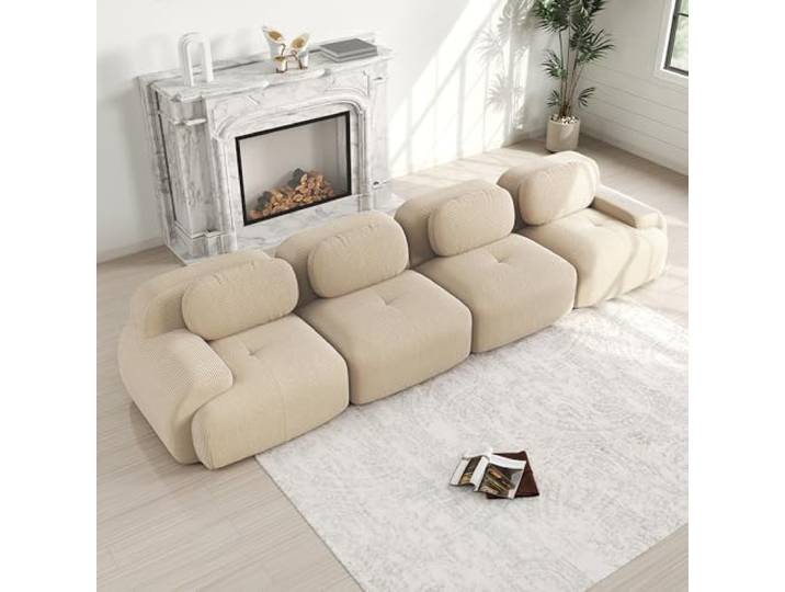 Ball & Cast Cord Sofa, Boneless Couch mit Ottomane, Ohne Montage, Sofa Modular mit Polsterung für Wohnzimmer, Schlafzimmer, Beige, 4 Sitze