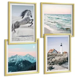 BILDER SET 4er Set - 50x50 cm & 40x60 cm Goldrahmen - Pferde, Bewegung, Strand, Leuchtturm, Berge