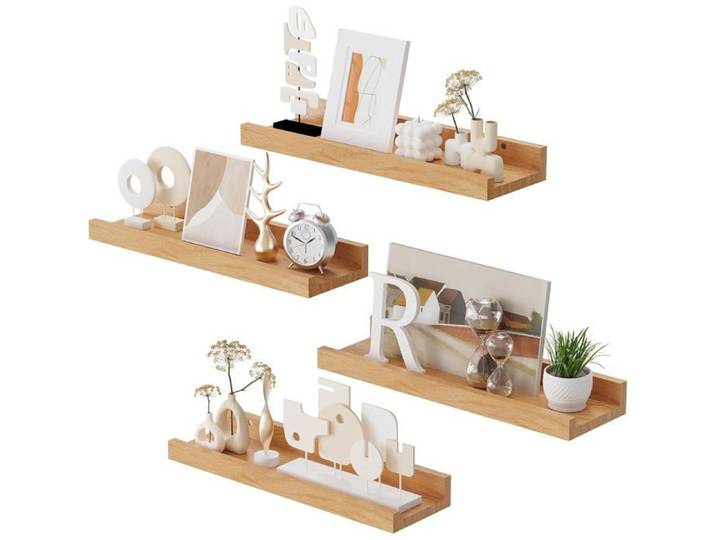 Étagères Murales Lot de 4 - 40x12 cm en Chêne Massif Naturel Pour Salon Salle de Bain Cuisine