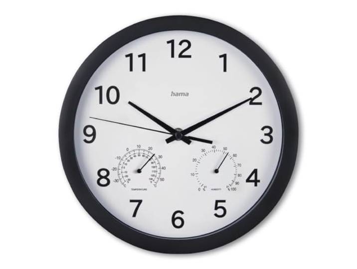 Hama Wanduhr Malta, Ø 25 cm, mit Thermo-/Hygrometer, ohne Ticken, Schwarz