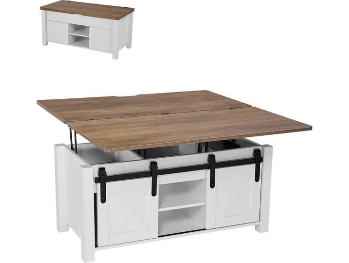 VEVOR Table basse Lift Top 100 cm\, table basse rustique avec porte de grange & compartiment de rangement caché\, plateau de table élévatrice rectangulaire pour le salon bureau maison\, table de salon table basse marron + blanc