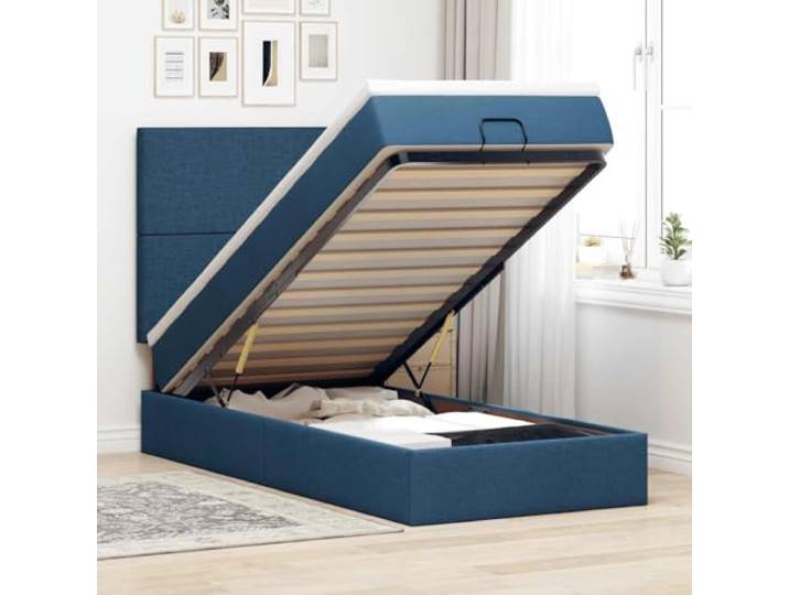 RJPLMFV Bett, Ottoman, Blau, 100 x 200 cm, mit Matratze, Polyestergewebe Taschenfedern, hydraulische Aufbewahrung, abnehmbarer Topper, Lattenrost-Design