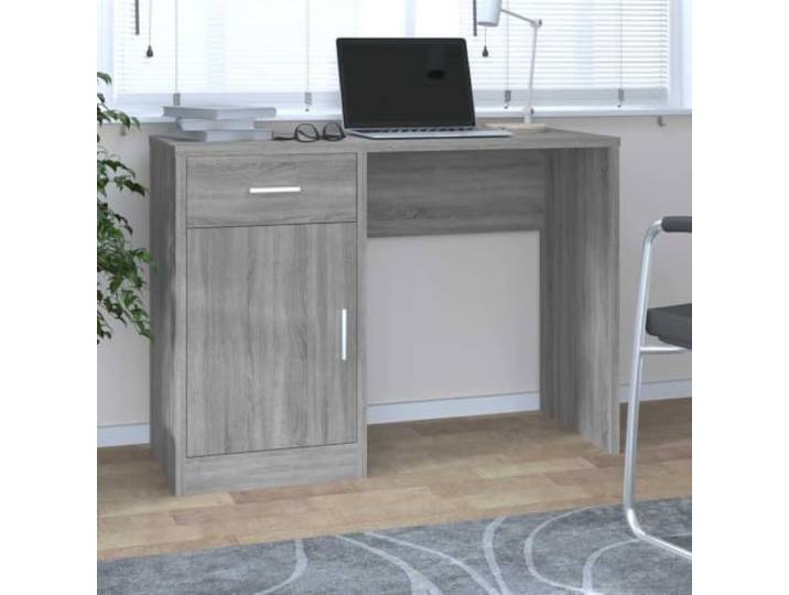 FDSAQOPT Schreibtisch mit Stauraum Grau Sonoma 100x40x73 cm 1 Schublade, 1 Schrank, Holzwerkstoff, glatte Oberfläche, Wandbefestigung, Montageanleitung, Home Office