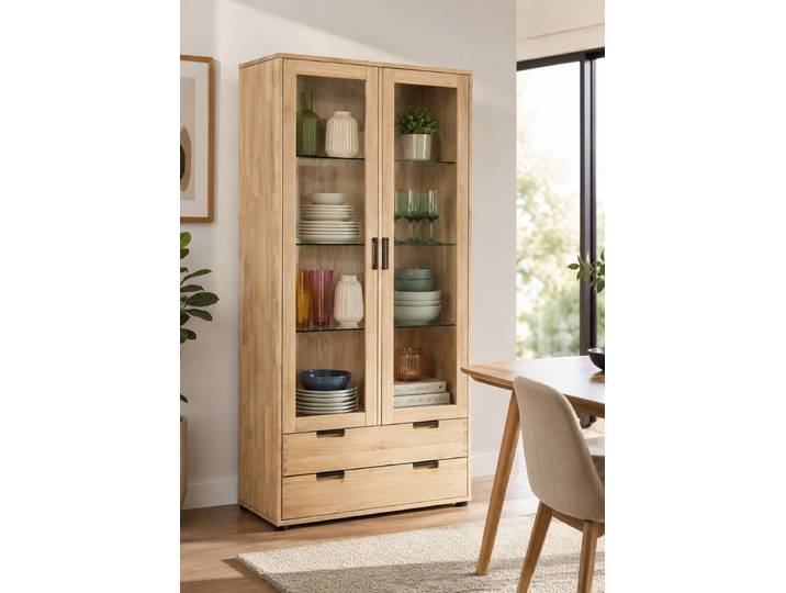 Vitrine Mido in Wildeiche massiv – Montierte Lieferung – 3%-Vorkasse-Rabatt