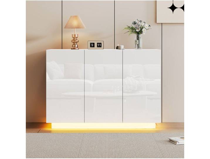 Buffet Salon VIVRYN - Façades Brillantes LED Rangement Modulable 120 x 40 x 75 cm Blanc