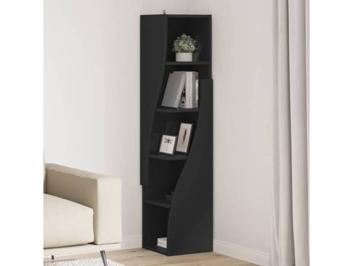 KGTKGTYER Eckschrank, Standregal Holzwerkstoff, Regal Schwarz 32x32x140cm Platzsparendes Design, Mattes Finish, 5 Fächer für Stauraum
