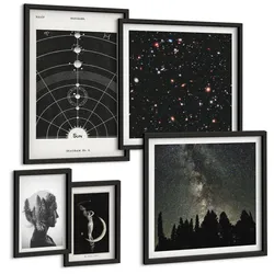 BILDER SET 5er Set - 50x50 cm & 20x30 cm & 40x60 cm Schwarzer Rahmen - Galaxie im Sonnensystem