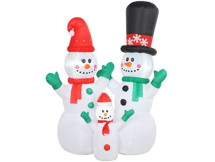 Outsunny Aufblasbar Schneemann Familie, 1,8 m Weihnachtsdeko mit LED-Beleuchtung, Weiß, 80x180x165 cm, Dekoration, Weihnachtsdekoration