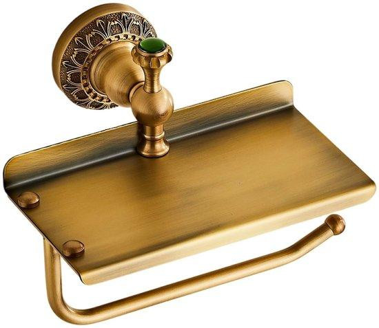 Unyqoos toiletrolhouder met telefoonhouder en groene sierstenen, antiek messing (bronsgoud), wandmontage, 17,7 x 8,8 cm