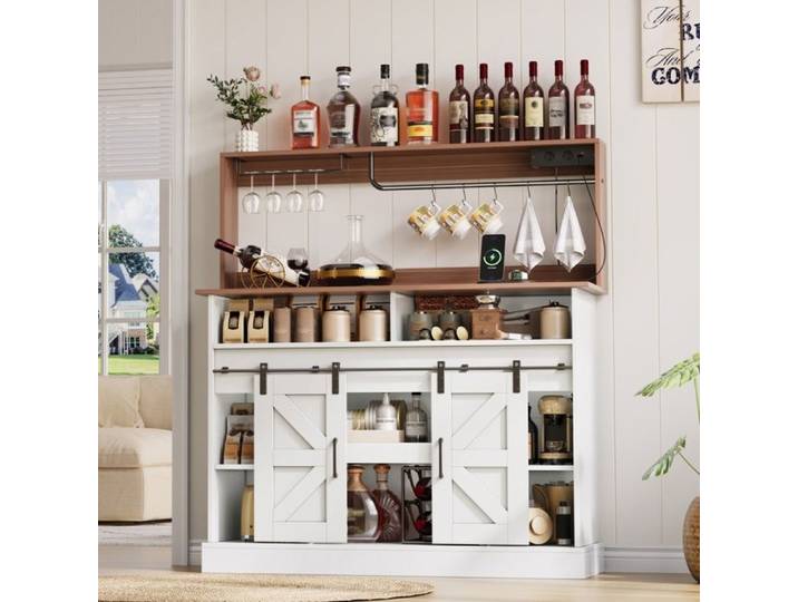 Buffet Sideboard 120 x 40 x 130 cm - Station Café - Portes Coulissantes & Porte-Verres - Prises Intégrées - Blanc et Bois
