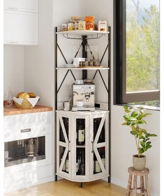 Garvee 72'' Corner Wine Cabinet with Power Outlet, Industrial 5-Tiers Liquor Cabinets Bar