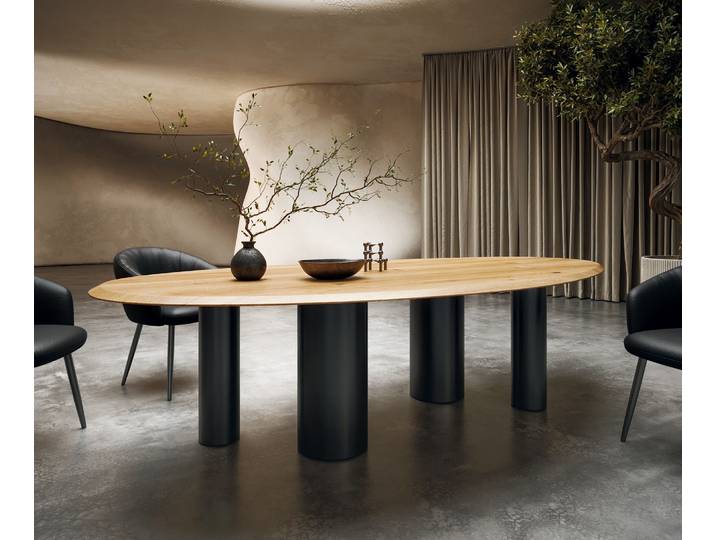 DELIFE Esstisch Edge Oval 280x130x2,5 Eiche Natur Pilier Metall Schwarz Flow-Edge, Esstische