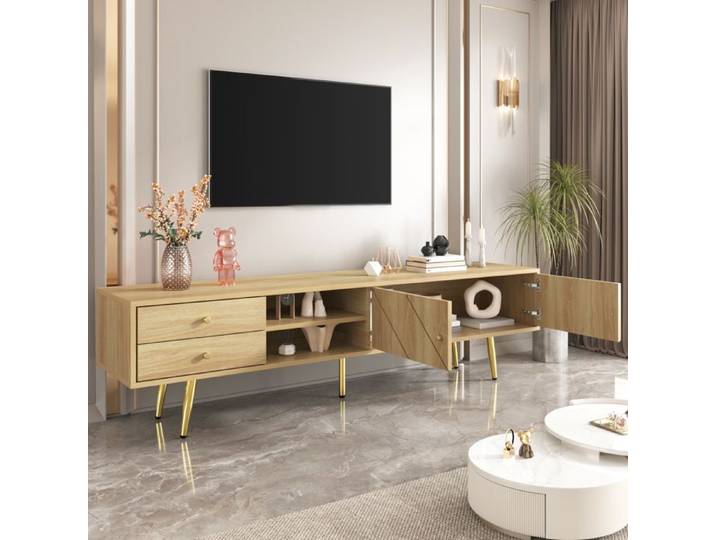 Feuille épaissie Armoire TV 160 cm avec pieds en or deux tiroirs et portes conçues de manière unique