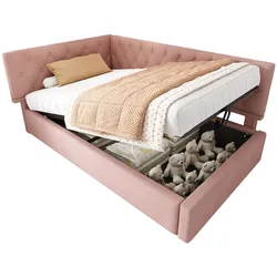 Polsterbett 90x200 mit hydraulischem Stauraum, flexibler Kopfteilmontage, stabilem Eisenrahmen und samtiger Oberfläche – Rosa