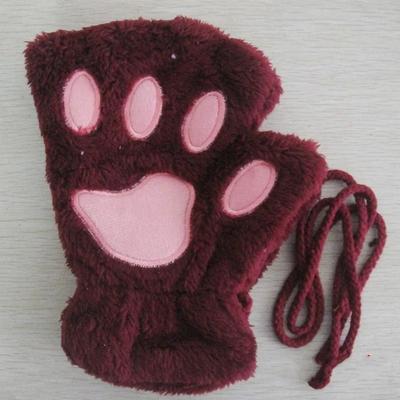 Uplifted Finds Plush Cat Paw Fingerless Gloves For Women wine Red