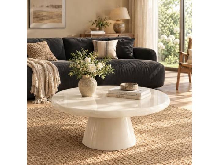 TYONGCOFF Moderner weißer runder Holz-Trommel-Couchtisch Minimalistischer Wohnzimmertisch mit glatter Lackierung für kleine Räume und Apartments