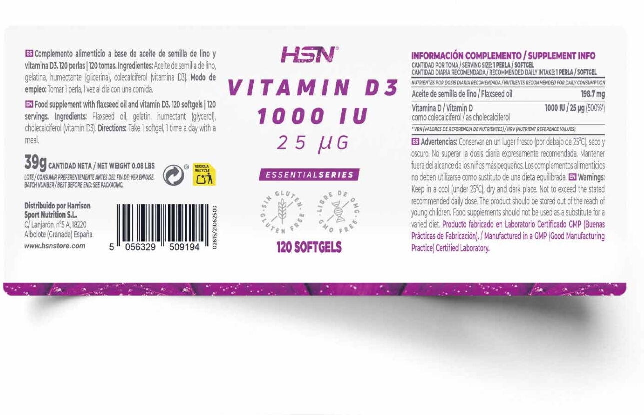 HSN Vitamina D3 1000UI - 120 pérolas - Saúde articular - Perlas - 120 Serviços