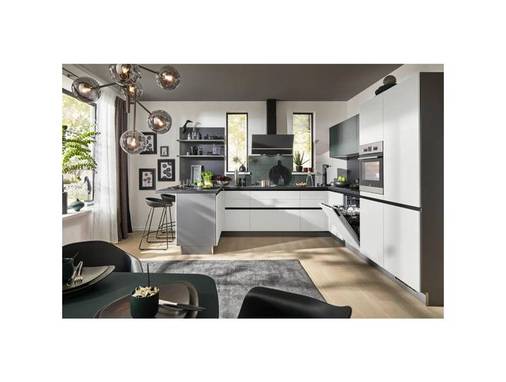 Welnova Eckküche Win, Anthrazit, Weiß, Dunkelgrün, U-Form, nur wie online abgebildet bestellbar, 340x305 cm, Made in Germany, seitenverkehrt erhältlich, Küchen, Eckküchen, Eckküchen ohne Geräte