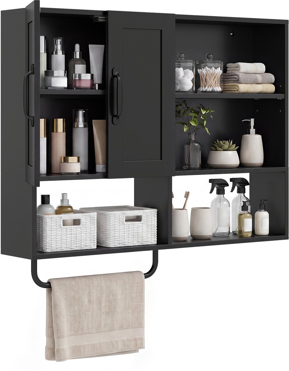 Costway Badkamerwandkast met handdoekhouder, zwart