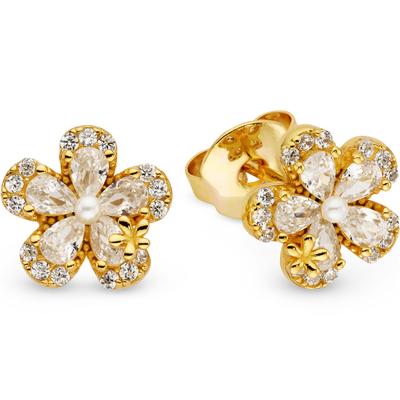 Paar Ohrstecker FIRETTI "Ohrringe Blüten-Design mit Zirkonia und Perle (synth.) weiß", gold (gelbgoldfarben, kristallweiß, weiß, kristallweiß), Ohrringe, Damen, 1,4mm, Perlen Silber 925 (Sterlingsilber), Perlen, Silber 925 (Sterlingsilber), mit...