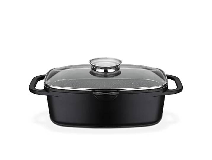 GSW Universalbräter Gourmet Granit – hochwertiger Bräter mit Deckel, ideal zum Schmoren, Grillen und Braten, auch für Induktion und Backofen – Schwarz, Aluguss, 6 Liter