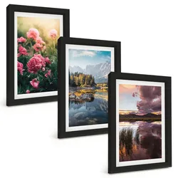 BILDER SET 3er Set - 20x30 cm Schwarzer Rahmen - Blumengarten Berge Wasser