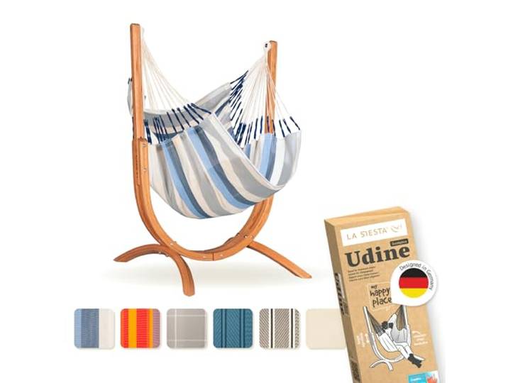 LA SIESTA - Wetterbeständiger Hängesessel mit Holzständer - Handgefertigter, reißfester Sessel für Entspannung im Freien - FSC-zertifizierte Eukalyptus-Hängematte