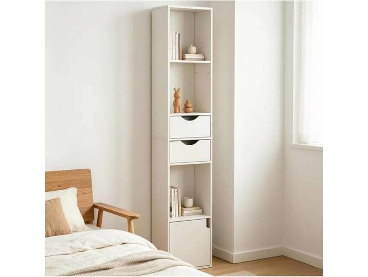 Bibliothèque Étroite Blanche Étagère Haute Moderne FloraGrace Pour Salon Ou Bureau Gain De Place 30x24x157 5cm