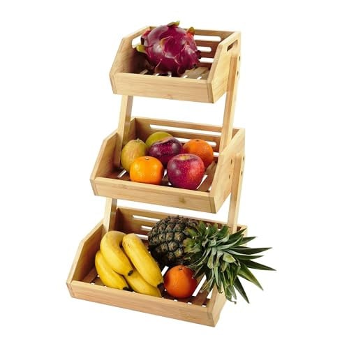 Relaxdays Fruitmand etagère van bamboe, 3 laags, rechthoekig, beige/bruin, B: 49 cm, D: 30 cm, H: 25 cm
