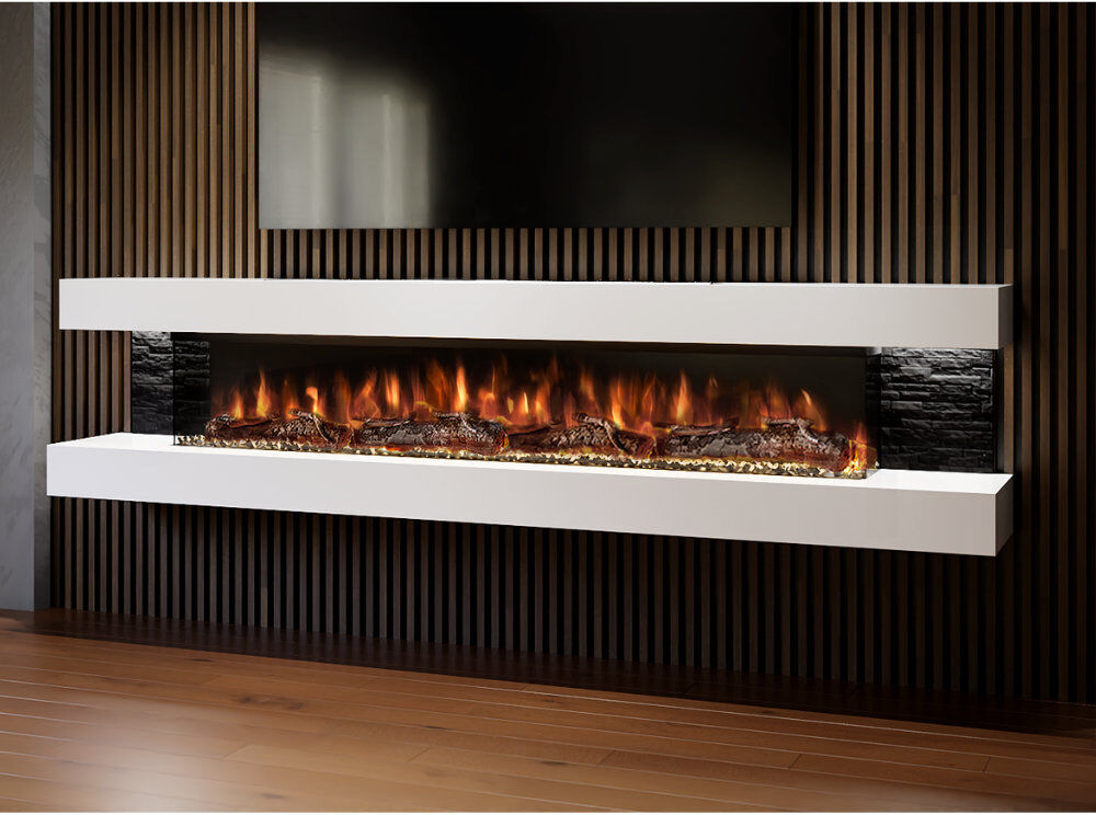 Evolution Fires Vegas 96-Inch Wall Mounted Electric Fireplace   Fully Assembled   3-Sided Panoramic Flame   Remote Control   LED Side Lights White 53cm H X 183cm W X 32cm D