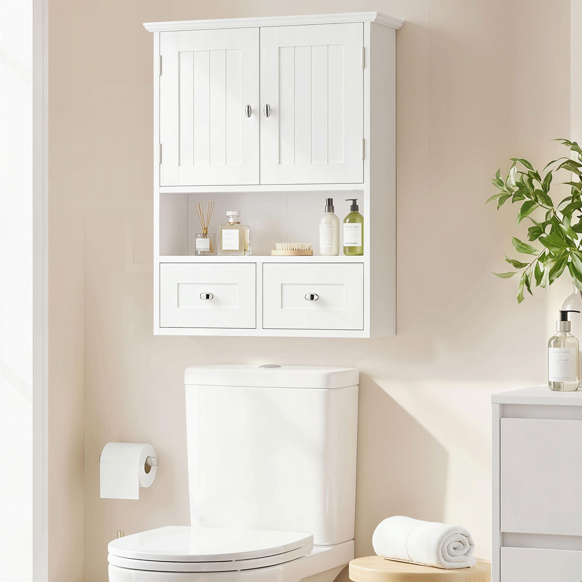 Kleankin Armadietto Pensile Bagno a 2 Ante con Ripiano Aperto e 2 Cassetti in Legno, Bianco