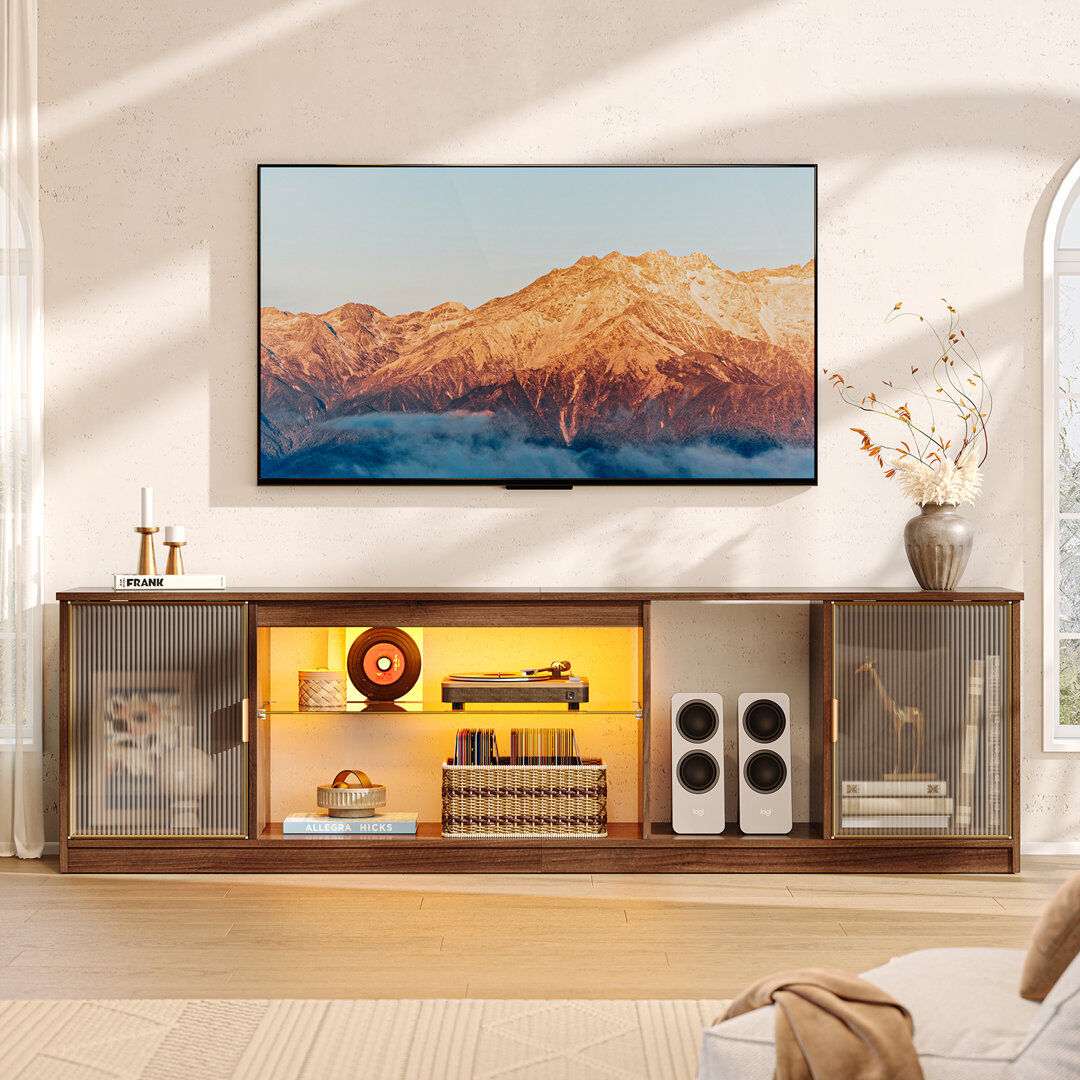 Metro 70" Modern Tv Stand For Tvs Up To 80 Inch With Led, Adjustable Shelf & Translucent Doors Walnut 78"