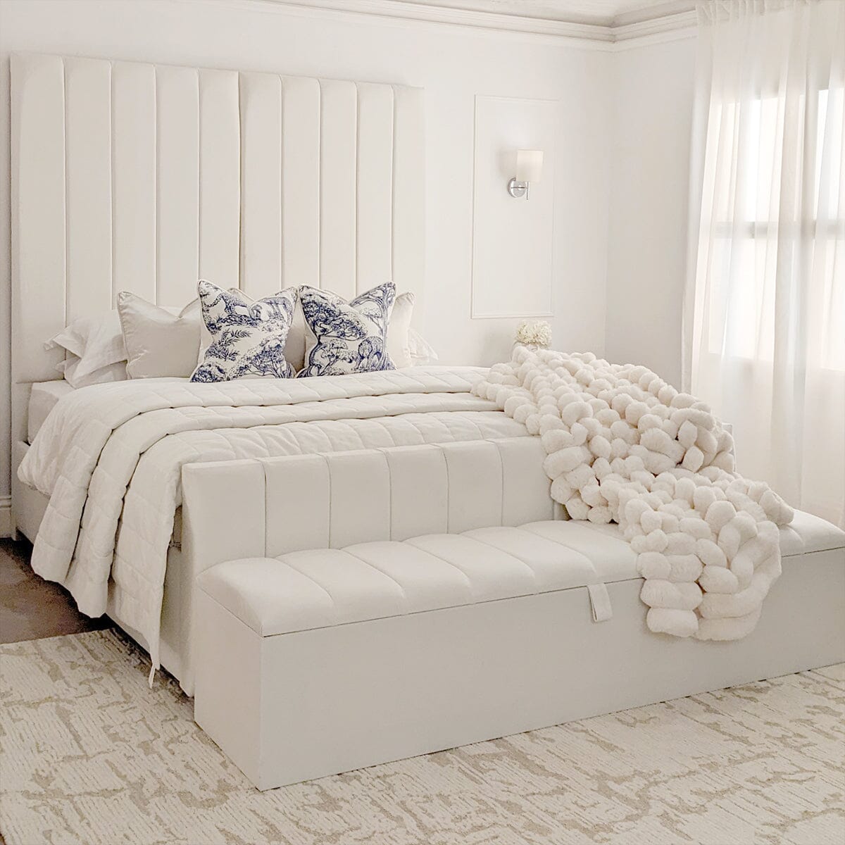 Zana Porcelain White Velvet Luxury Panelled Bed, Double / Double