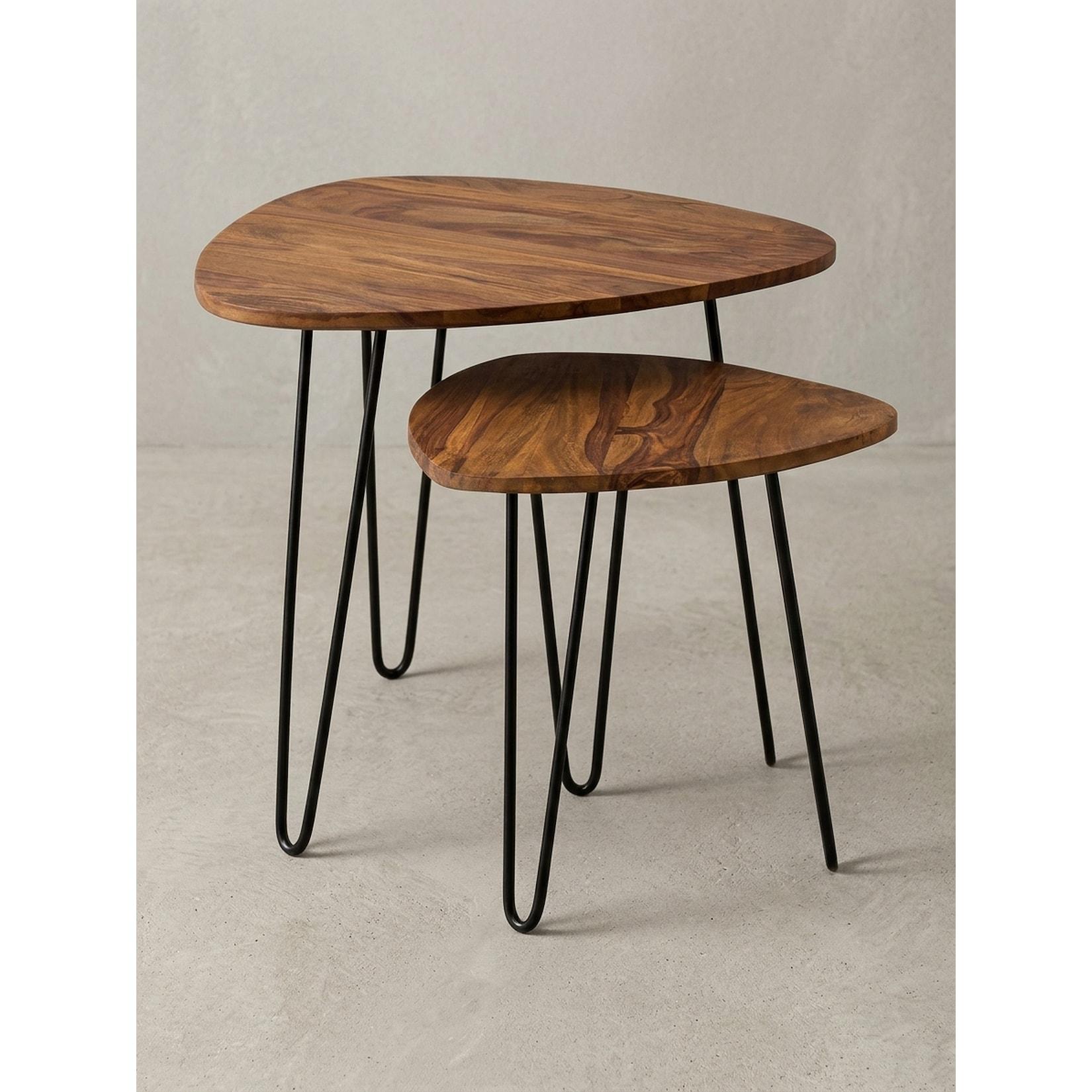 Beistelltisch Set – 2-teilig, Massivholz, Metallgestell, schmal