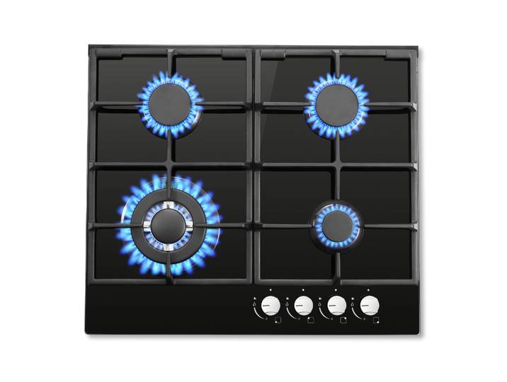 ‌ Table de cuisson à gaz 58 cm 4 brûleurs double carburant (NG/GLP) 8060 W arrêt automatique de la flamme et surface en verre trempé Intégré/autoportant 220-240V