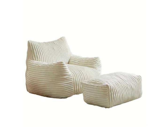 COVREO Fauteuil de détente avec repose-pieds dossier incurvé larges accoudoirs tissu flanelle blanc