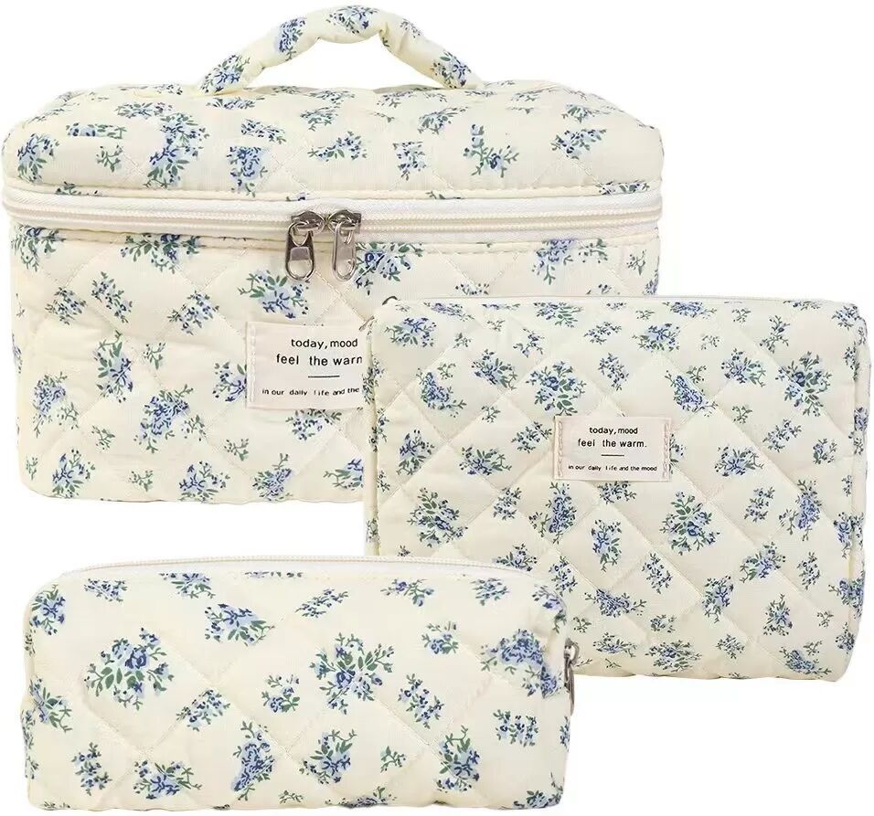 INF 3-teiliges tragbares, gestepptes Kosmetiktaschen-Set mit Blumenmuster – Leichter & erweiterbarer Reise-Kosmetik-Organizer Mehrfarbig