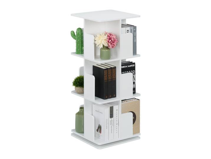Relaxdays Bücherregal Weiß drehbar 360 Grad 3 Ebenen, Metall, 39x95x39 cm, Wohnzimmer, Regale, Bücherregale