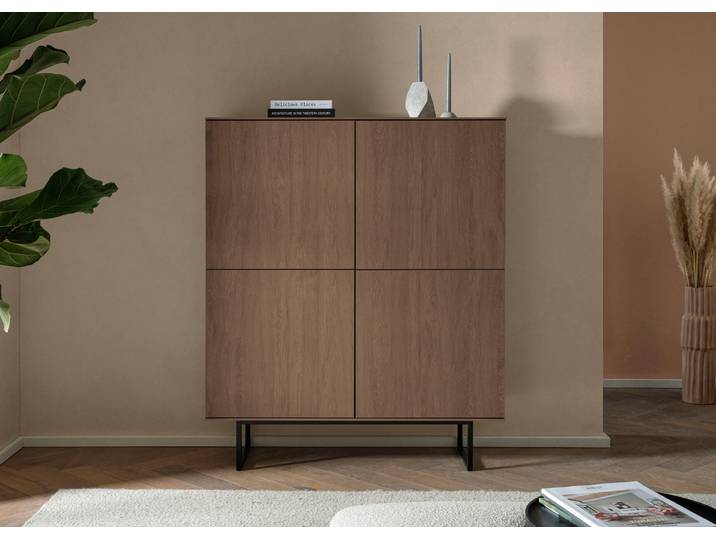 Highboard HOME AFFAIRE Lund, moderner Schrank, Kommode mit Kufengestell , braun (nussbaum), B:115cm H:137cm T:40cm, Holzwerkstoff, Sideboards, Highboard, optisch dünner Oberboden, hochwertige Optik, ausreichend Stauraum