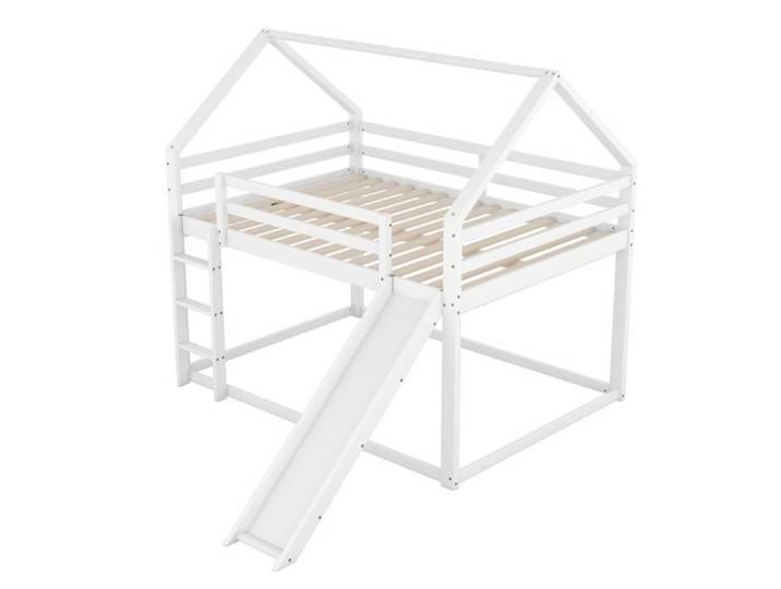 Lit superposé - Maison - 140x200cm - Blanc - Avec toboggan - 2 places