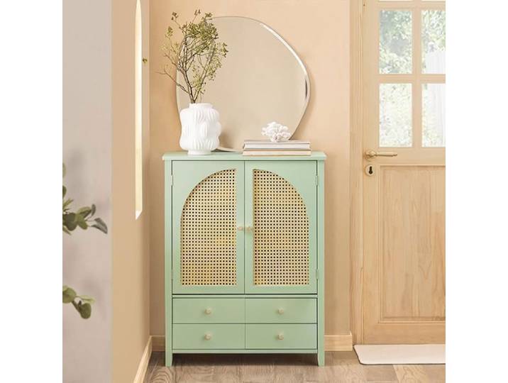 Buffet d'Entrée - SoBuy - 4 Tiroirs et 2 Portes en Ploy Rotin - Meuble à chaussures Vert - 70 x 34 x 90 cm FSB72-GR