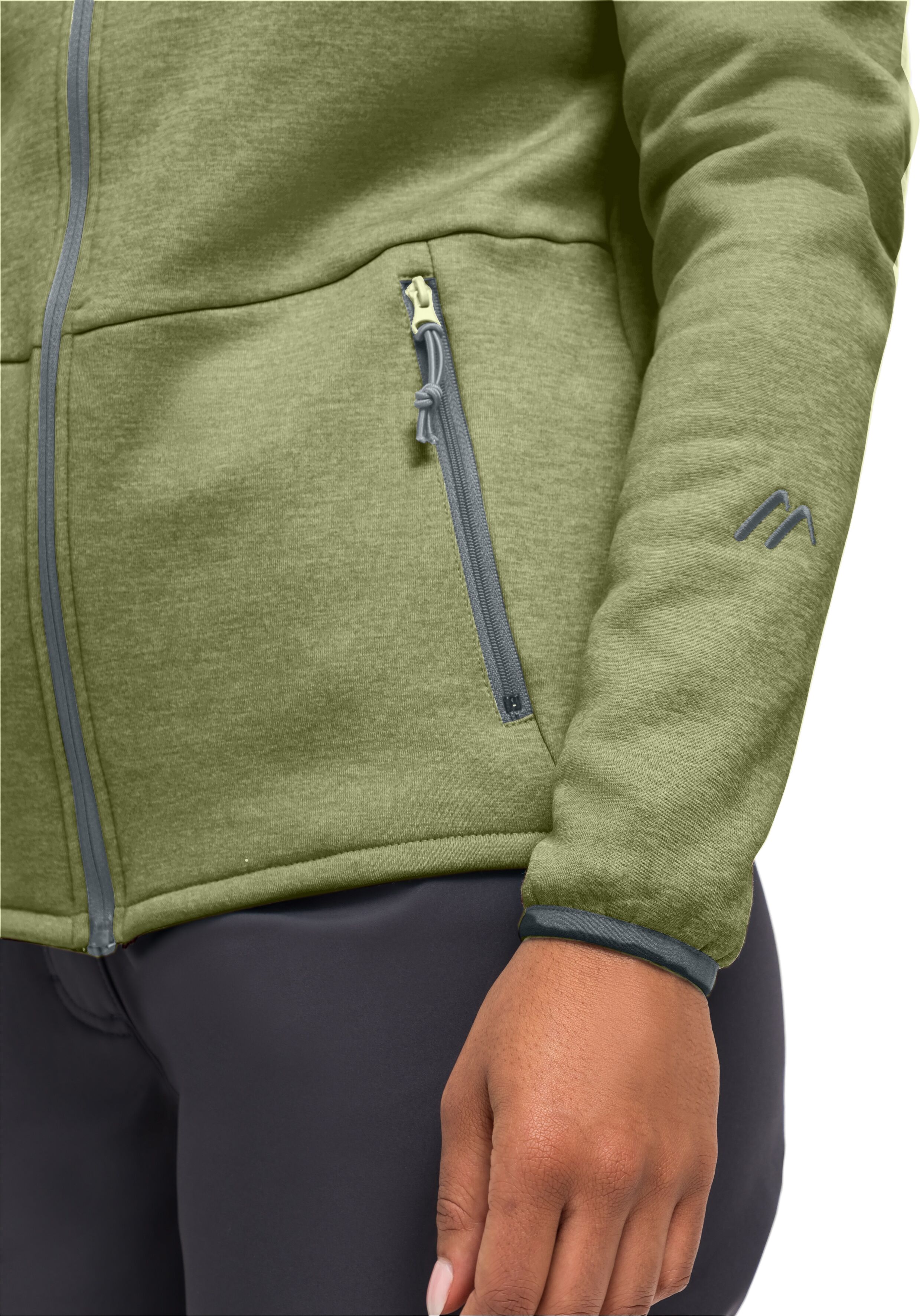Fleecejacke MAIER SPORTS "Fave W", Damen, Gr. 36, grün (lindgrün), 95% Polyester, 5% Elasthan, Rundhals, Jacken Fleecejacke, Damen Fleece mit verstellbarer Kapuze, atmungsaktiver Zip-Hoodie lindgrün 36