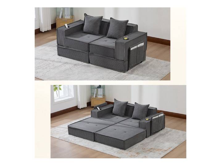HAUSS SPOLE Schlafsofa mit Kissen,Doppelschlafsofa Zweisitzer Getränkehaltern für Spielzimmer, Pouf-Sofa mit integriertem Stauraum und Loungefunktion, Ergonomische Sitzunterstützung und Stabile Rahmenstruktur