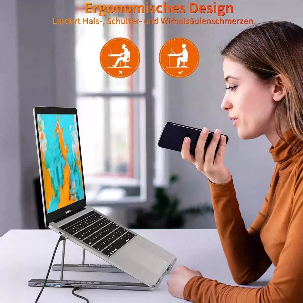 INF Erweiterbare USB-C Dockingstation Laptopständer - Silber Aluminiumlegierung, 4K HDMI, USB 3.0