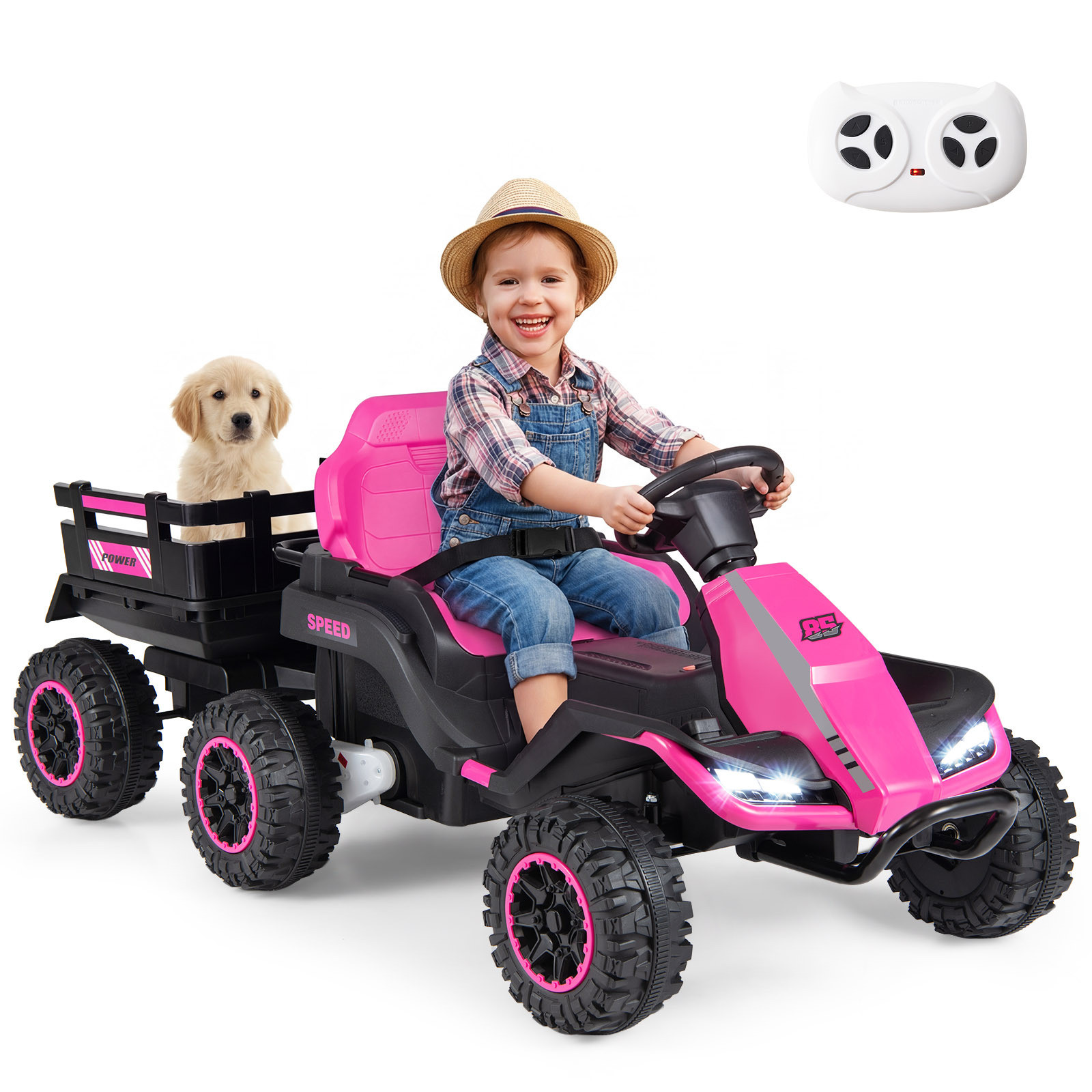 Costway Elektrische Tractor met Afneembare Aanhanger voor Kinderen, 24V, Roze