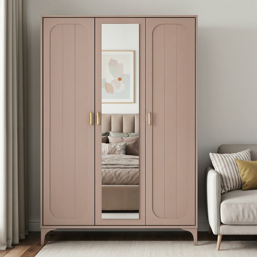 Ebern Designs Harrington Curtis 3 Door Wardrobe with Mirror Warm Nude 116.6cm W X 51.3cm D